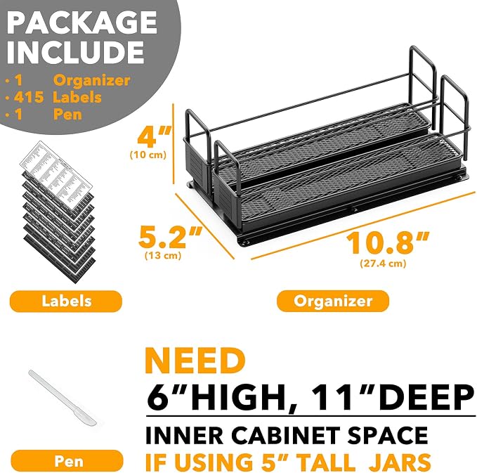 SpaceAid Pull Out Spice Rack Organizer for Cabinet, Heavy Duty Slide Out Seasoning Kitchen Organizer, Cabinet Organizer, with Labels, 5.2" W x10.8 D x4 H, 2 Drawers 1-Tier