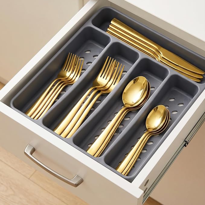 21Pcs Stainless Steel Gold Silverware Set with Organizer Eating Utensil Set | Heavy Duty Kitchen Dish Cutlery Sets for 4 Forks Spoons and Knives Set Tableware Dinnerware Flatware Set Dishwasher Safe
