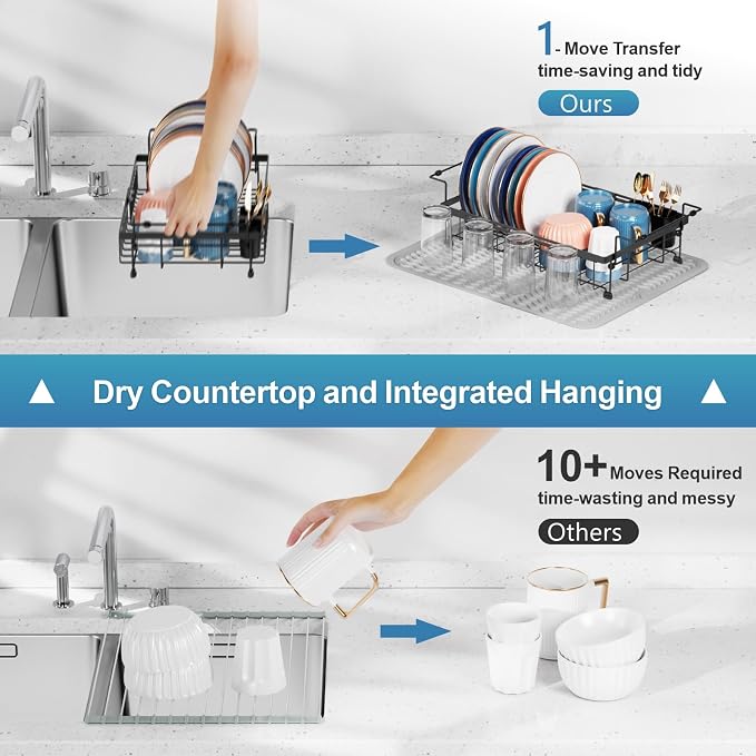 Expandable Dish Drying Rack with Silicone Mat for Kitchen Sink or Counter, Heavy Duty Adjustable Over Sink Dish Drainer with Square Corners, Fit for Modern Single & Double Sinks, Black
