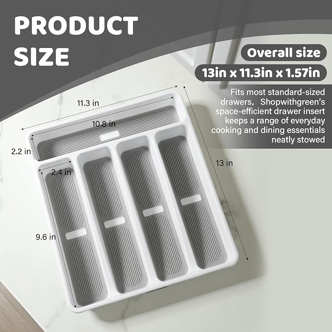 5-Compartment Silverware Organizer Tray with Icons for Kitchen Drawer | Non-slip TPR Linings,5-Compartment,High-quality Plastic,Fits Well In Standard Drawers,With Cutlery Icons