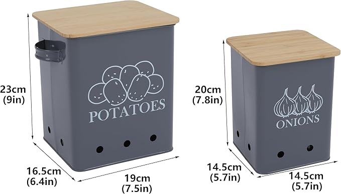 Kitchen Vegetable Storage Tins Set of 2, Onion and Potato Storage Bins with Wooden Lid and Aerating Holes, Garlic Bin Caddy, Vintage Kitchen Decor, Grey