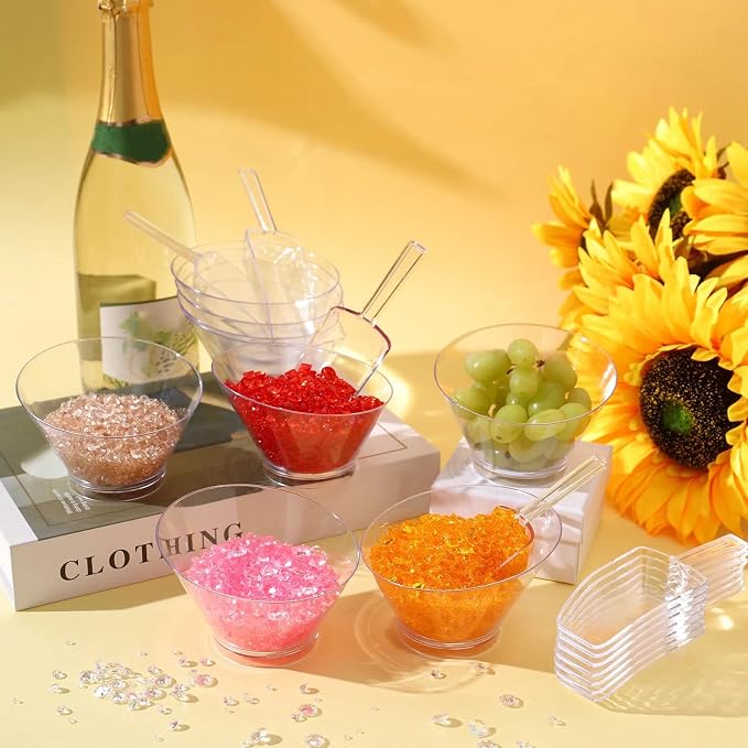 Sawysine Plastic Clear Serving Bowls with Kitchen Plastic Scoops | 24 Pcs Salad Serving Bowls Popcorn Scoops Angled Candy Container for Salad Cooking Parties