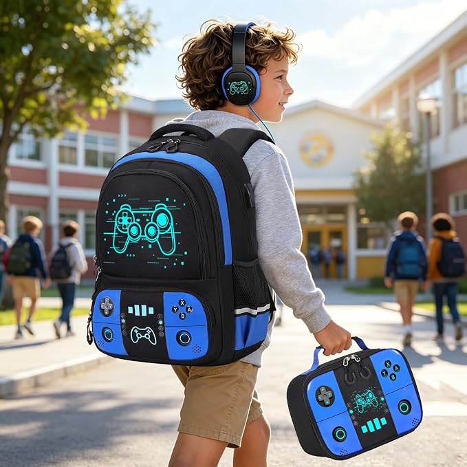 Backpack for School Boys, Cool Luminous Gamer Boys Schoolbag | with Lunch Box & Pencil Case Set for Kids Teens Elementary Middle School, Bookbag Glow In The Dark