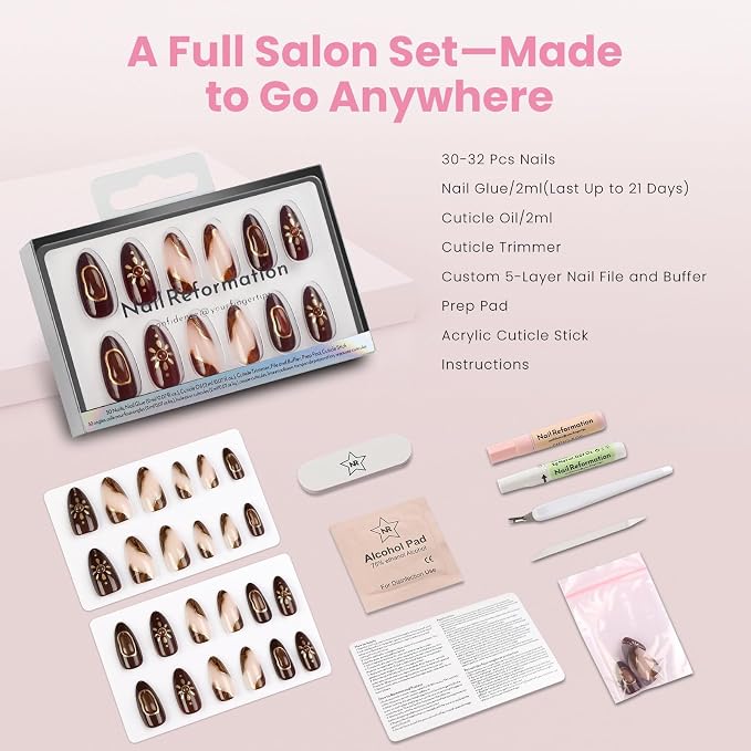 Nail Reformation Press On Nails, Sun Stone | Medium Almond Fake Nails | with 3D Golden Shimmer on Amber Glow Base in Glossy Finish, Reusable Stick On Nails in 15 Sizes - 30 Nail Kit for Women Gifts