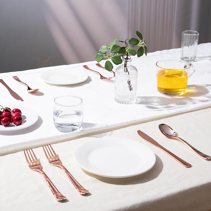 144 Pack Rose Gold Premium Heavy Duty Plastic Silverware, 48 Forks, 48 Knives, 48 Spoons, Perfect for Valentine's Day, Parties, Dinners, Weddings, BPA-Free, Disposable Plastic Cutlery Set Utensils Set