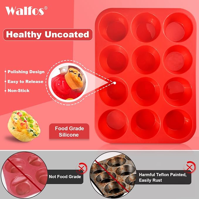 Walfos Muffin Pan Set - 12 Cups Regular Silicone Cupcake Pan, Non-stick and BPA Free, Great for Making Muffin Cakes, Tart, Fat Bombs - Dishwasher Safe, 2-Piece
