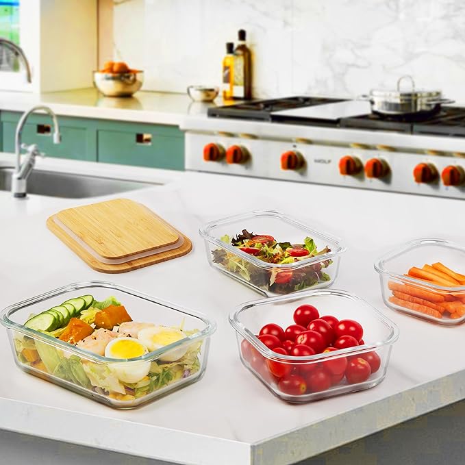 Vtopmart 4 Pack Glass Food Storage Containers with Bamboo Lids Meal Prep | Reusable Meal Prep Containers for Leftovers, Lunch & Kitchen Storage, Microwave, Oven, Freezer and Dishwasher Safe