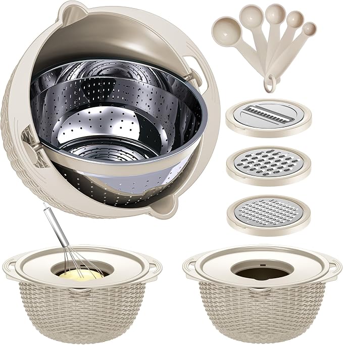 4-1 Colander with Bowl & Spoons Set - Rotatable Colander for kitchen with New Upgraded Graters, Food Strainer(Patented) for Pasta, Fruits, Vegetables, Funny Presents for Women, Beige