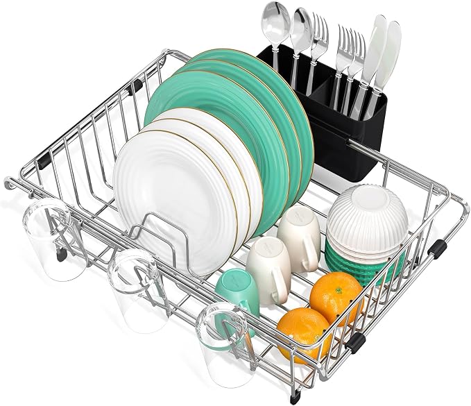 Urackify 304Stainless Steel Expandable Over Sink & in Sink Dish Rack,Silver | Fits over sink for direct drainage, expandable 15-23 inches saves counter space, includes utensil and cup holder