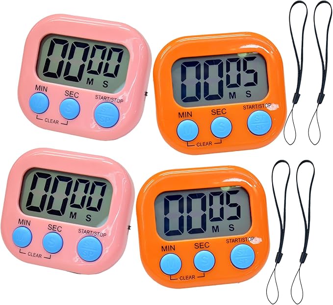 2 Pack Small Digital Kitchen Timer Magnetic Back and On/Off, Classroom Timers for Teachers Kids, Count Up Count Down Loud Alarm Stop Memory Function for Cooking Study Work Exercise (2, Pink+Orange)
