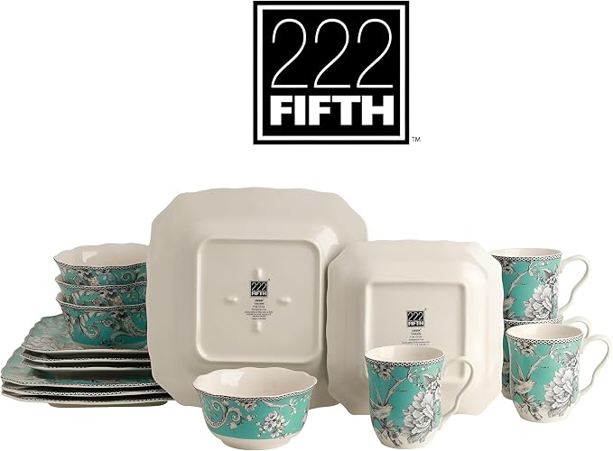 222 Fifth Adelaide Turquoise 16-Piece Porcelain Dinnerware Set | Microwave and Dishwasher Safe Dining Set for 4 | Stackable and Chip-Resistant Plates Bowls and Cups | Gift for Housewarming & Wedding