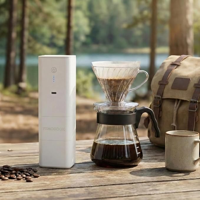 FEMOBOOK-A2 White Portable Electric Coffee Grinder, Cordless Burr Grinder | USB Rechargeable Coffee Grinder Magnetic Grounds Cup for Travel & Home Brewing