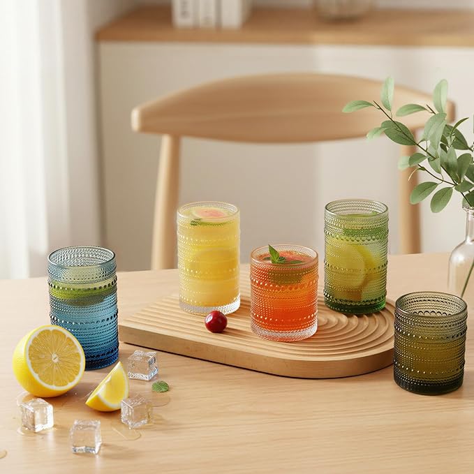 Moretoes12 Pack 12 Oz Green Hobnail Drinking Glasses Set,Water Glass Cups | Highball Glasses Embossed Boho Kitchen Bar Tumbler Glassware Set for Whiskey, Beer, Juice, Milk and Various Mixed Drinks