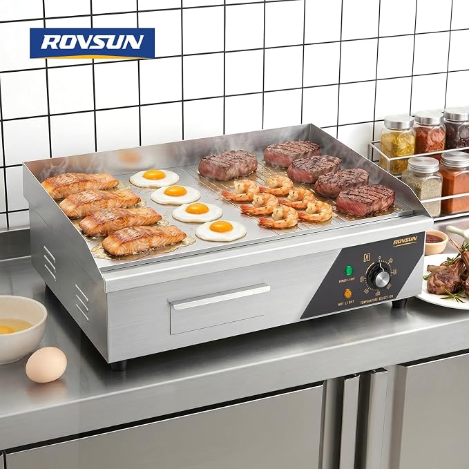 ROVSUN 22" Electric Griddle, Electric Countertop Half Flat Top Griddle, 1600W Grill Stainless Steel with Adjustable Temperature Control 122°F-572°F for Commercial Home Restaurant, Plug