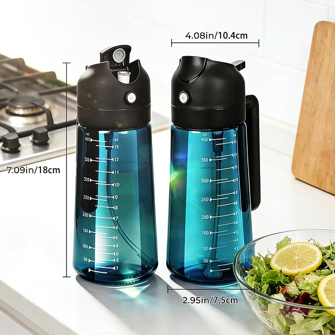 16 oz Glass Olive Oil Sprayer for Cooking, Fine Mist & Pour | 2 in 1 Olive Oil Dispenser Bottle for Kitchen Gadgets and Air Fryer Accessories, Salad, BBQ, Baking - 1-Pack, Blue Black