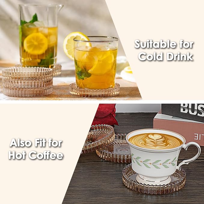 Modern Clear Coasters Set of 5- Glass Cute Coasters for Drinks, Amber | Crystal Coaster Round Chic Cup Mat Cute Coffee Table Coaster for Kitchen, Bar, Dining Room, Living Room, Patio