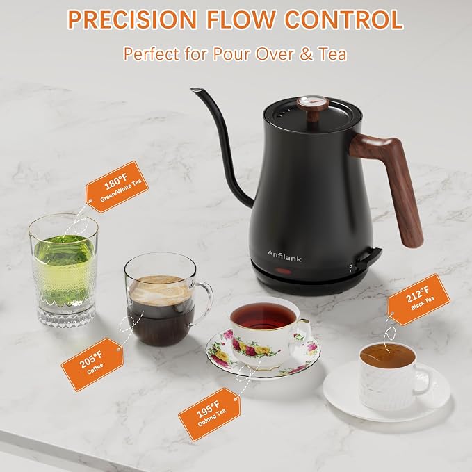 Anfilank Gooseneck Electric Kettle with Thermometer, 0.8L Small Electric Tea Kettle, 1200W Fast Heat, Precision Pour for Coffee & Tea, Auto Shut Off & Dry Boil Protection, Stainless Steel