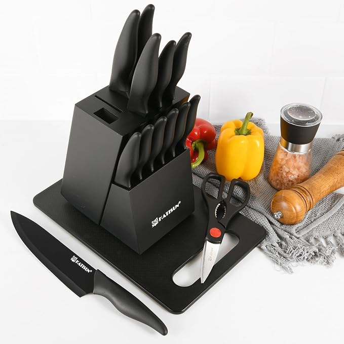 17-Piece Black German Steel Kitchen Knife Block Set | LFGB Food Safe Coating, Dishwasher Friendly. Features Non-Slip PP Cutting Board, Peeler, Built-In Sharpener & Deep Tang Core