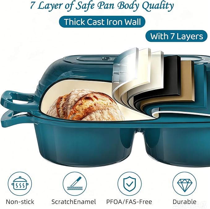 Enameled Cast Iron Double Round Bread Loaf Pot with Lid – 16cm Diameter Mini Dutch Oven for Sourdough Bread Baking, 500°F Oven Safe Non Stick Bread Pan, Double Dutch Oven for Meatloaf, Cake, Even Heating – Emerald
