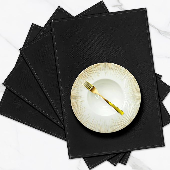 Black Placemats Set of 4, 12x18 Inch Faux Linen Table Mats | Heat Resistant and Washable Design, Easy to Clean Surface for Dining Rooms, Kitchens, Outdoor Parties and Everyday Home Decor