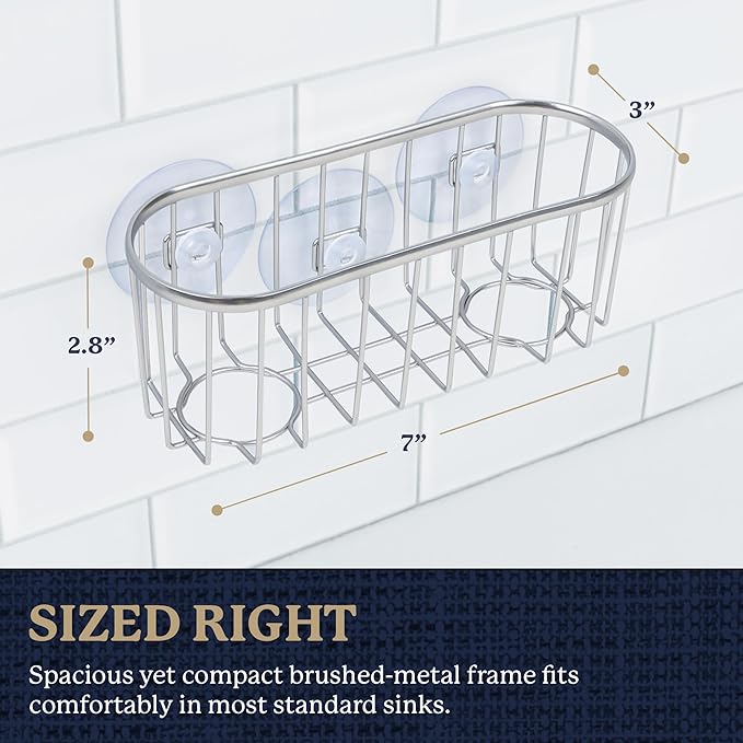 Farberware Metal Sponge Holder for Kitchen Sink, 7.13"x2.88"x3" | Triple suction cups grip steel, glass, or tile, open frame helps dry sponges faster, holds soap and brushes too