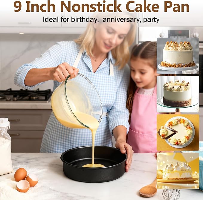 P&P CHEF 9 Inch Cake Pan Set of 3, 3 Pcs Nonstick Round Cake Baking Pans | Stainless Steel Core & Non-stick Coating, Layer Cakes Tin for Cooking, Ideal for Birthday Wedding, Oven & Dishwasher Safe