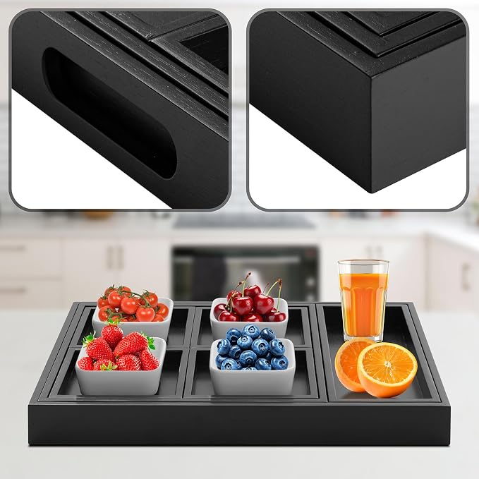 RRX Wood Serving Trays with Handles, Set of 7 Rectangular Tray,Black | Nesting Bamboo Tray for Breakfast in Bed, Kitchen, Entertaining, Couch, Party, Platters, Coffee Table, Countertop Home Decor