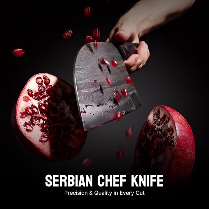 Serbian Chef Knife - 6.7 Inch Hand-Forged High Carbon Steel Full Tang Butcher Knife with Wood Handle - Razor Sharp Cooking Knife - Leather Sheath Included