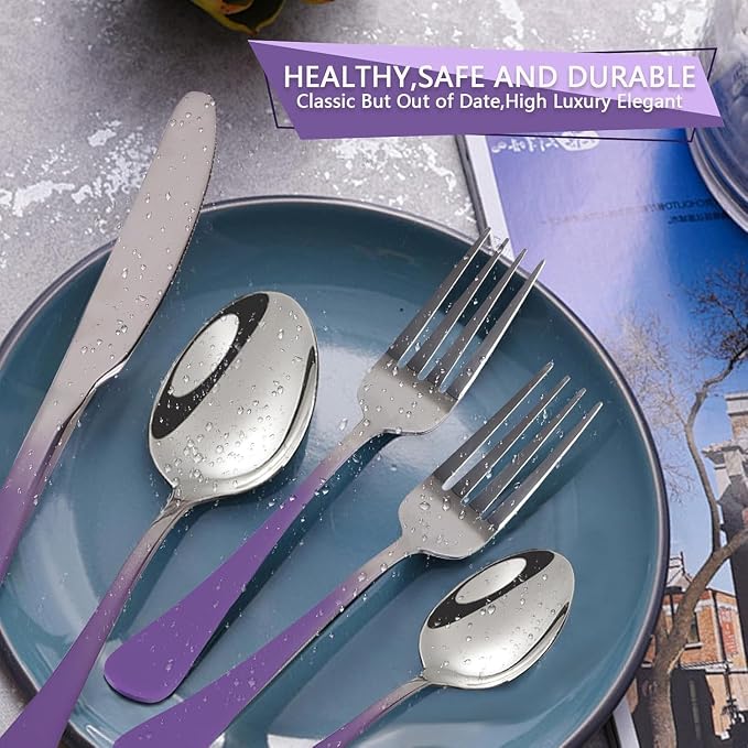 24 Pieces Flatware Set, Caliamary Stainless Steel Flatware Set with Silverware Holder Spoons Forks Knives,Utensils Set Service for 6,Gold Mirror Polished and Matte Pink Painted (GradientPurple)