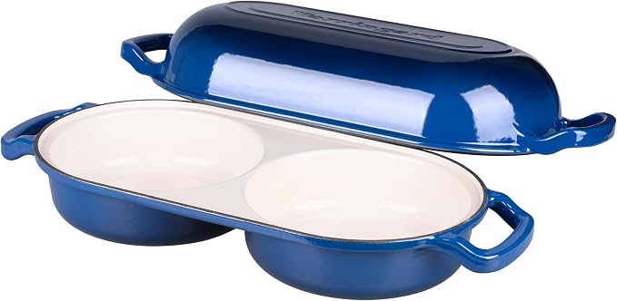 Enameled Cast Iron Double Dutch Oven with Lid, Dual Round Loaf Pan, Bread pan for Homemade Sourdough Bread Baking, Blue