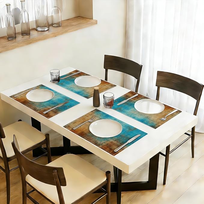 Farmhouse Placemats Set of 4, Outdoor Party Kitchen Table placemats Decor | Blue and Orange Vintage Abstract Messy Rust Painting Table Mats for Dining Decor, Washable Non-Slip Heat Resistant Place Mats