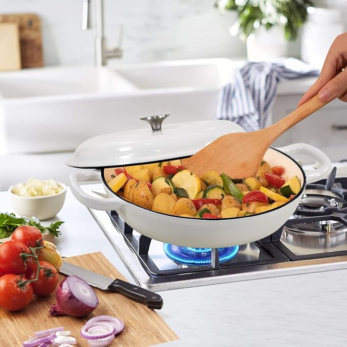 Enameled Cast Iron Braiser Pan, 3.8 Quart Shallow Dutch Oven with Lid, Heavy Duty Casserole Skillet with Dual Handles for Family or Friends Gifts, Oven-Safe to 500°F, White