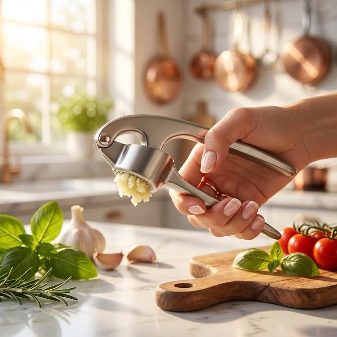 Heavy Duty Garlic Press with Zinc Alloy Handle & Stainless Steel Chamber, 61 Holes Garlic Mincer & Crusher, No Peeling Required, Includes Silicone Garlic Peeler & Cleaning Brush, Silver