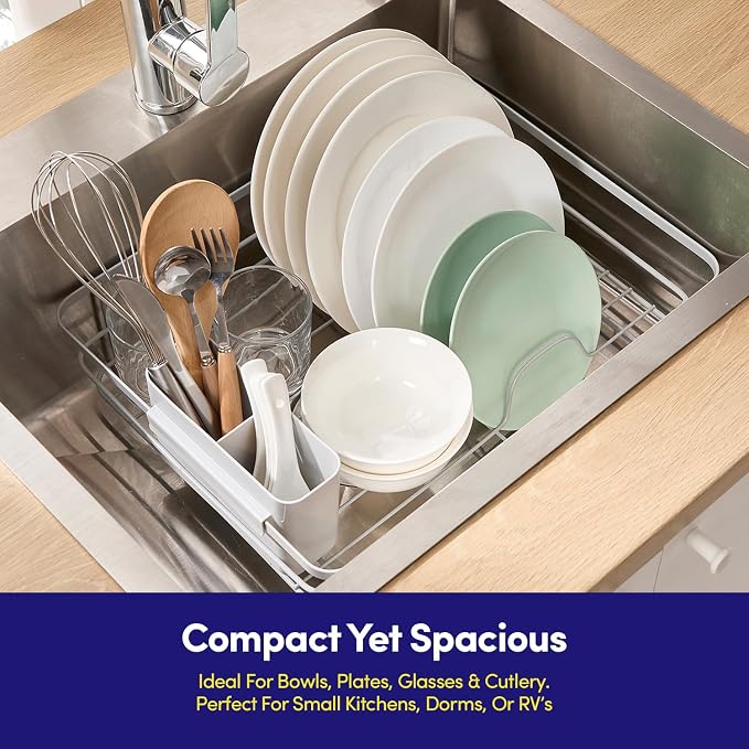 Dish Drying Rack 3 Piece Dish Drainer with Drainboard Set for Kitchen Counter – Dish Rack with Removable Utensil Holder & Swivel Spout for Countertop – DishRack for Plates, Cups & More, Silver