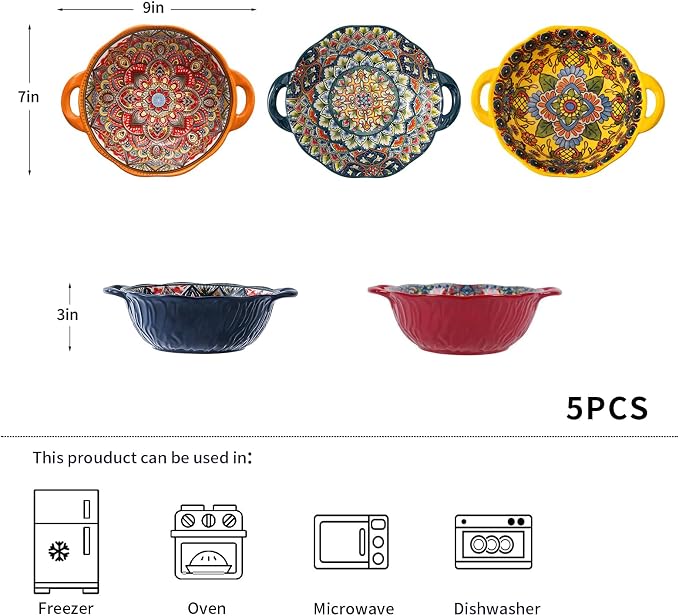 XKXKKE 5 Pack Boho Ceramic Serving Bowls with Handles, 40 Oz Porcelain Salad Bowls, Large Serving Dishes for Entertaining, Mixing Bowls for Soup, Stew, Pasta, Cereal, Colorful Embossed Cute Bowls Set
