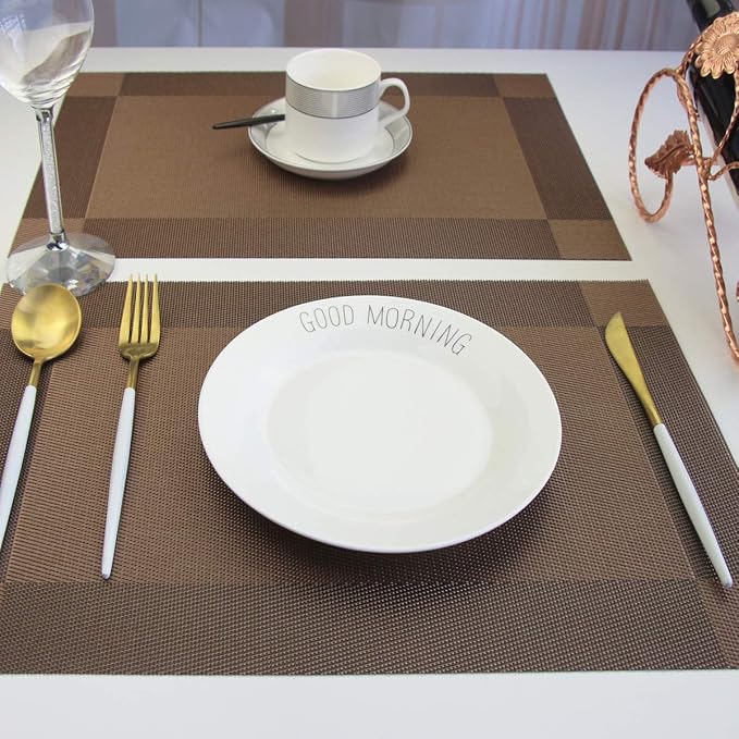 Vinyl Placemats Heat-Resistant Table Mats Washable Easy Clean Plastic Placemats for Dining Table Set of 6 (Brown)