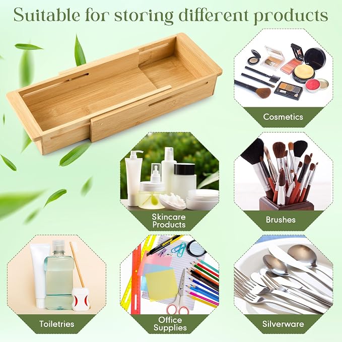 LemonRoad 2 Pcs Sliding Drawer Organizer 12.4-17.7 Inch Bin Bamboo Drawer Expandable Bins Utensil Organizer for Kitchen Spoons Forks Knives (Wood)