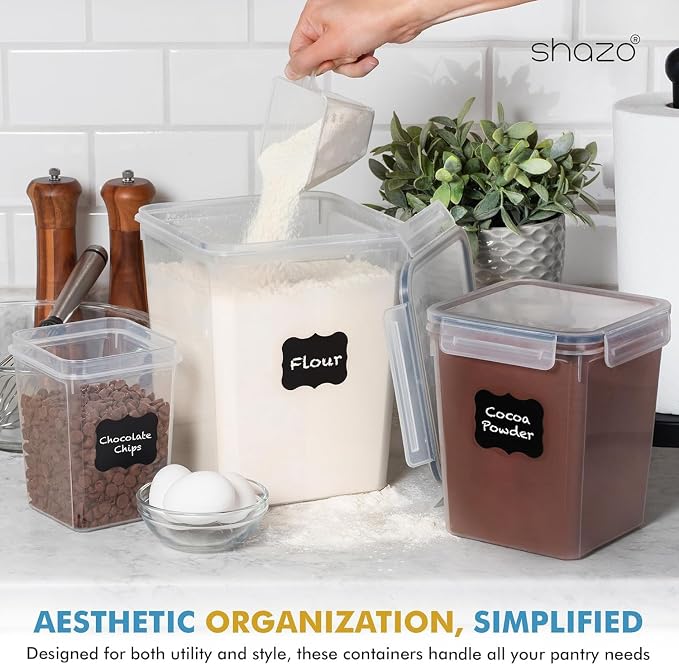Shazo Flour Sugar Storage Containers Set of 3 (6L, 2.9L, 1.1L) Large Airtight Food Storage Containers with Lids, BPA-Free Plastic Container for Kitchen & Pantry Organizers, Cereal, Rice & Pasta