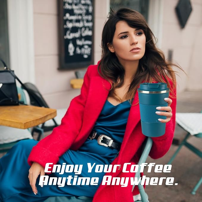 Vacuum Insulated Stainless Steel Travel Coffee Mug, Leak Proof Cup with Lid | 304 stainless steel mug with vacuum insulation, leak proof lid, silicone grip and car cup holder friendly design