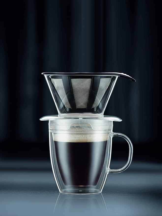 Bodum 12oz Pour Over Coffee Dripper Set w/Double Wall Mug and Reusable Permanent Filter, Plastic, BPA-Free, Clear