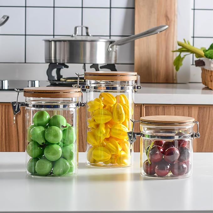 18 oz/550 ml Glass Storage Canister with Airtight Bamboo Lid, Small Clear Decorative Container Jar for Coffee Spice Candy Salt Tea Cookie Condiment Pepper Sugar Overnight Oatmeal Snacks