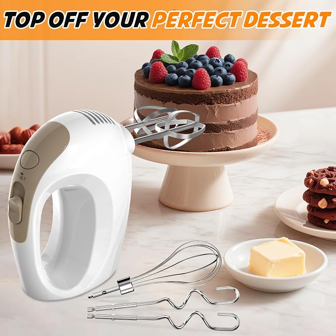 Showvigor Electric Hand Mixer with 5 Stainless Steel Whisks,5 Speed, White | Portable Kitchen Mixer Electric Whisk, Food Beater for Whipping Mixing Cookies