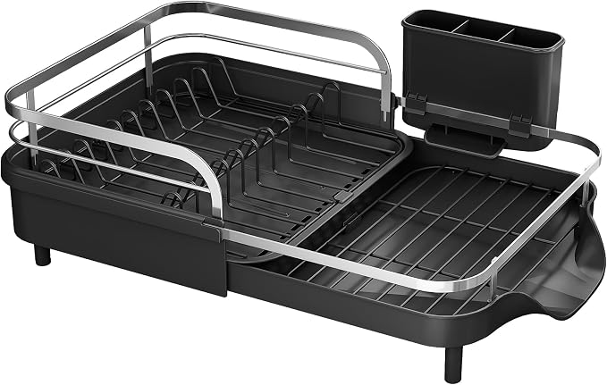 SAYZH Expandable Dish Drying Rack for Small Kitchen Counter, Black | Stainless Steel, Protective Guardrail, Angled Drainboard, Fits High-Rim Sinks, Removable Utensil Holder