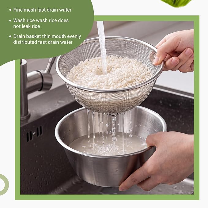Mini Colander Food Strainer | Fine Mesh Colander with Bowl, 307 Stainless Steel, Strainer for Washing Fruits Vegetables Rice, Kitchen Cooking Prep