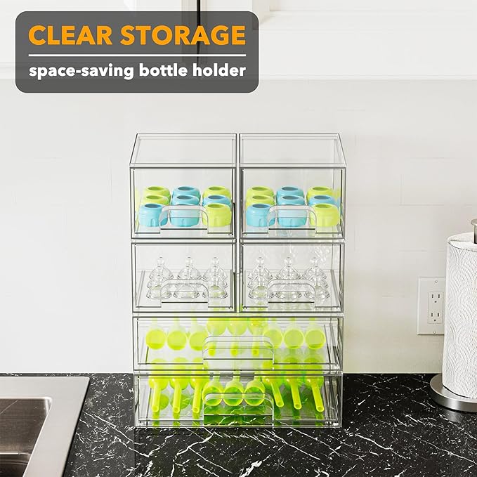 SpaceAid Bottle Storage Organizer Baby - Acrylic Bottles Station Organizer Container, Stackable Clear Drawers for Countertop, Vanity, Bathroom, Cabinet, Pantry Organization, 6 Pack, 4S2L, 15.6"H