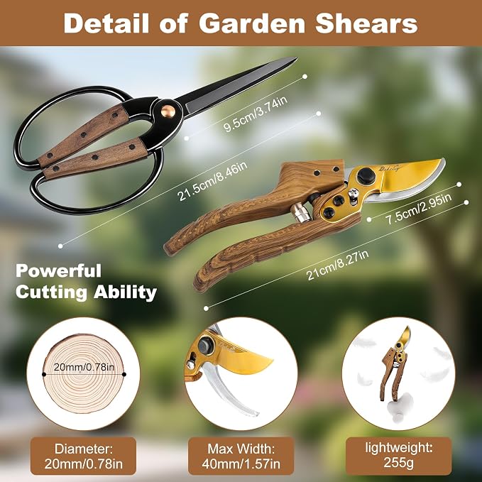 2Pack Garden Pruning Shears Set: Ultra Sharp SK5 Blade Gardening Shears & Precision Garden Scissors,Wood Like&Wide Walnut Ergonomic Handle,Perfect for Plant,Bonsai,Shrub,floral,Branch Trimming