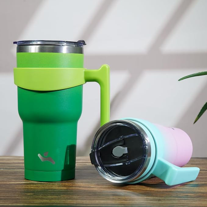 Konokyo 30 oz Tumbler with Handle and Straw, Insulated Travel Mug | Matcha Green; BPA-free, leak-proof tumbler with 2 lids, 2 straws, cup holder fit for coffee, office, travel & daily use