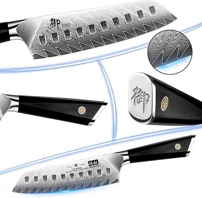 SHAN ZU Damascus Chef Knife Santoku Knife 7 Inch | Professional Kitchen Knives, 67 Layers Damascus Stainless Steel 10Cr15CoMoV Cooking Knife with G10 Handle/Gift Box
