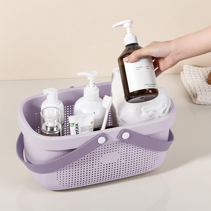 Portable Shower Caddy Basket with Handles Plastic Storage Basket Purple | Sturdy Drainage Large Capacity Organizer Basket with Silicone Handles for Bathroom Kitchen Bedroom College Dorm Essentials