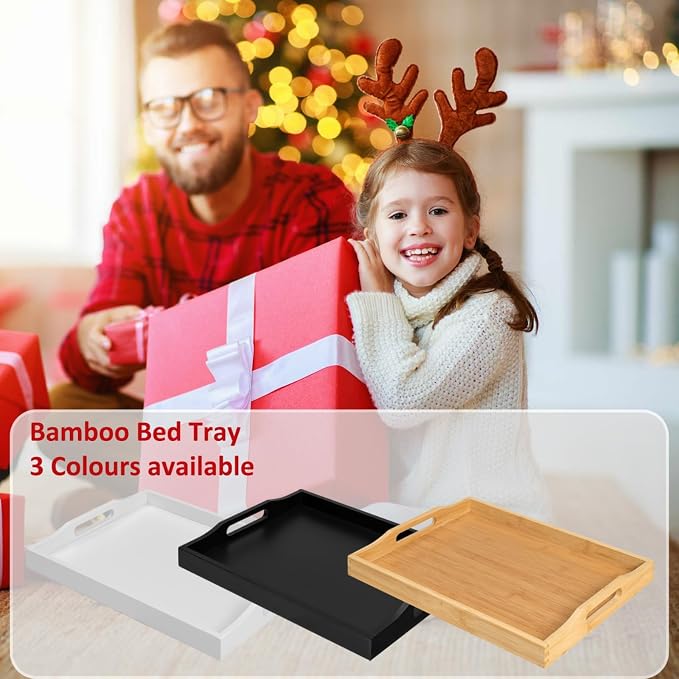 RRX Bamboo Food Serving Tray with Handles,Breakfast Bed Tray (White) | Wood Tray for Tea, Snack, Dinner, Home Decorative Storage Food, Platter, Ottoman for Kitchen Counter, Bathroom, Restaurant